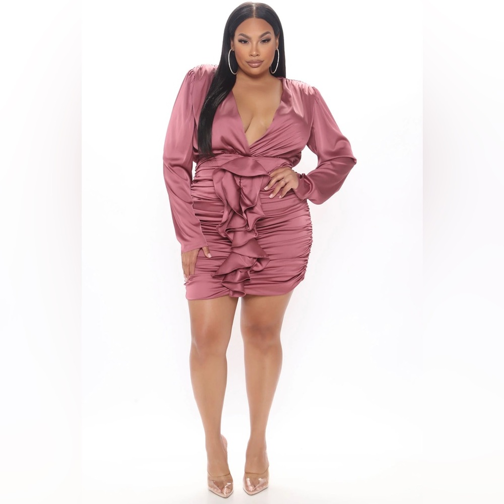 Ruffled satin mini dress w/ ruching